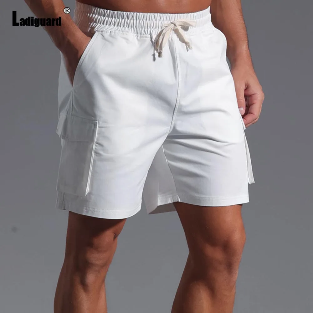 

2025 Мужские повседневные хлопковые пляжные шорты с карманами-стойкой, однотонные белые, фиолетовые базовые шорты, мужские короткие брюки-карго с эластичной резинкой на талии, новинка