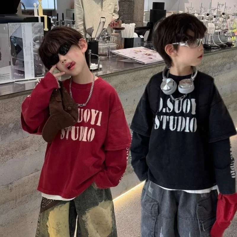 

Boys Long-sleeved T-shirt Autumn New Children's Foreign Style Splicing Top Men's Casual Sweater Bottoming Shirt Tide