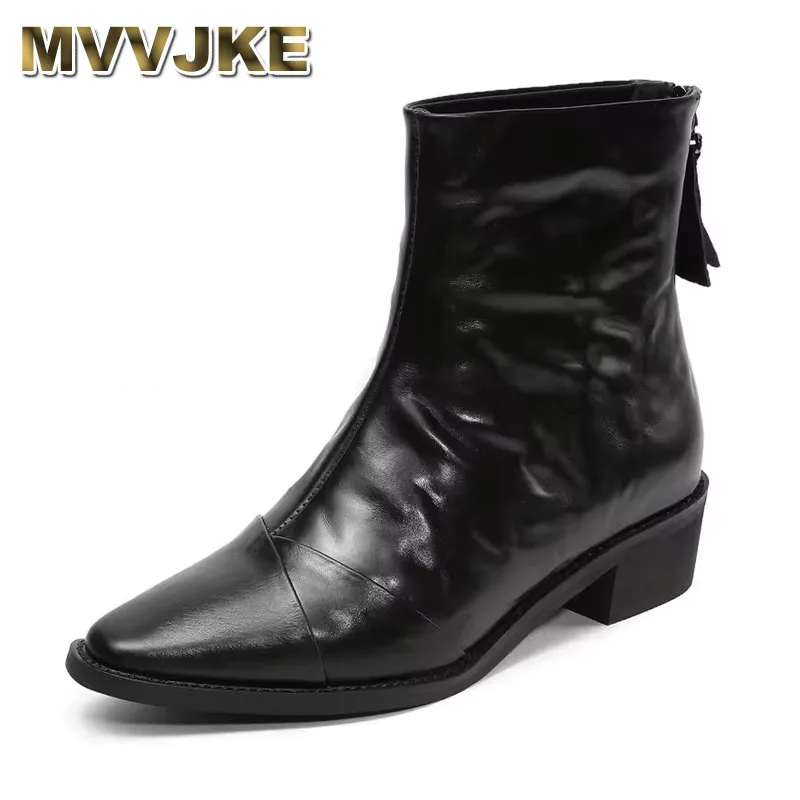 

Genuine Leather Mid Heeled Short Boots Autumn Winter Fashionable Pointed Toe Thick Heel Women's Shoes