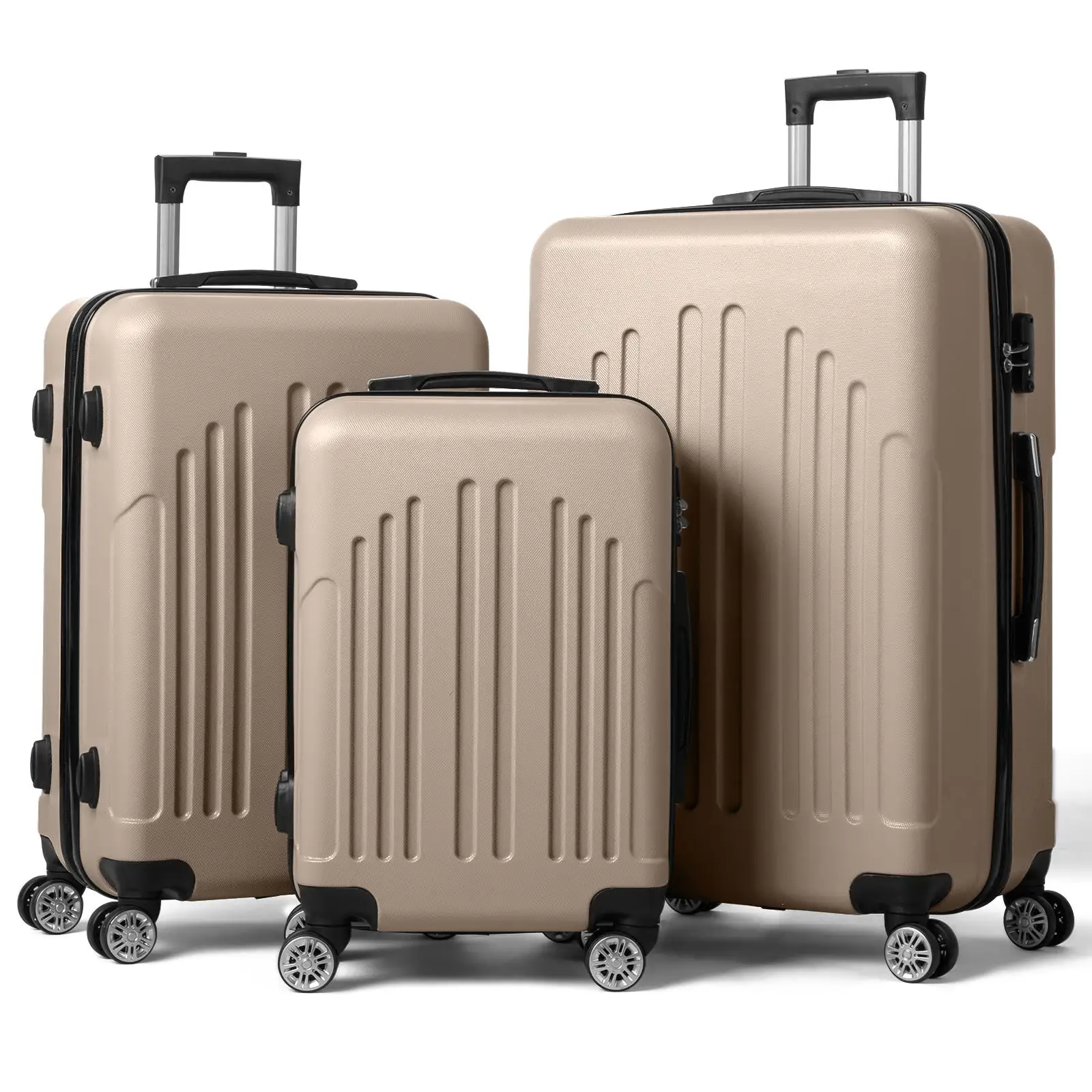 3-in-1 Curved Vertical Stripe Trolley Case - Stylish Champagne Gold Luggage