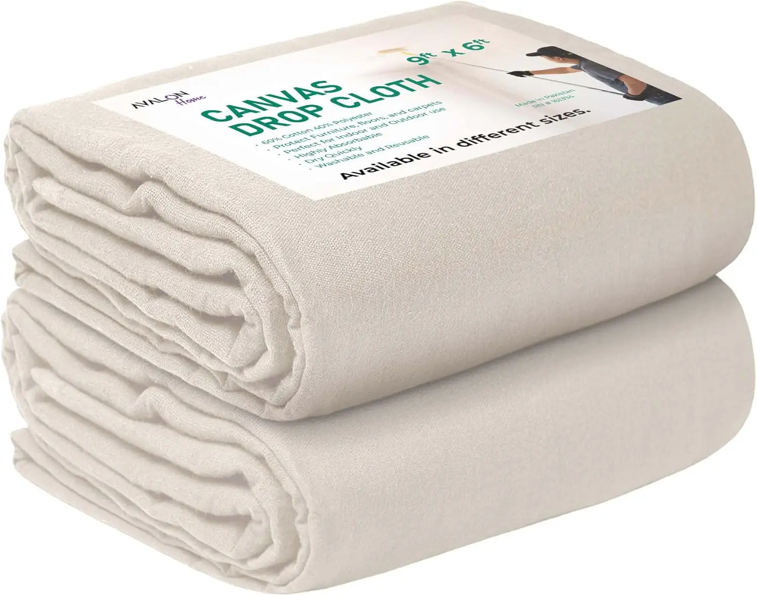 

9x6 Feet Canvas Drop Cloth Pack of 2 - Recycled Cotton Fabric for Painting and Furniture Protection