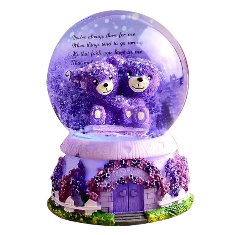 Crystal ball music box lavender purple bear with light snow flowers for guests a small gift mini music box birthday gift.