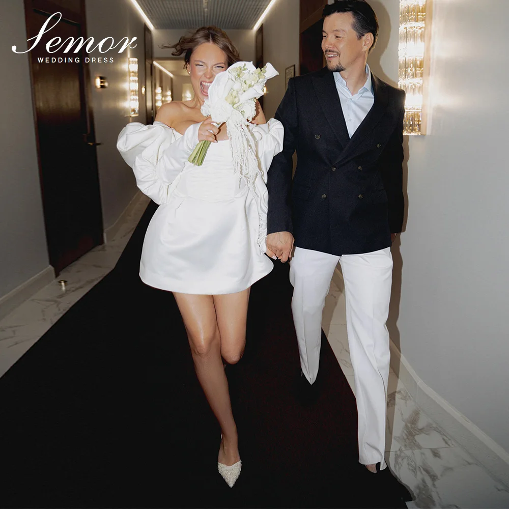 Semor Customized Off White Stain Short Wedding Dress Long Sleeves Detachable Train vestido de novia A-Line Mini robe de mariée