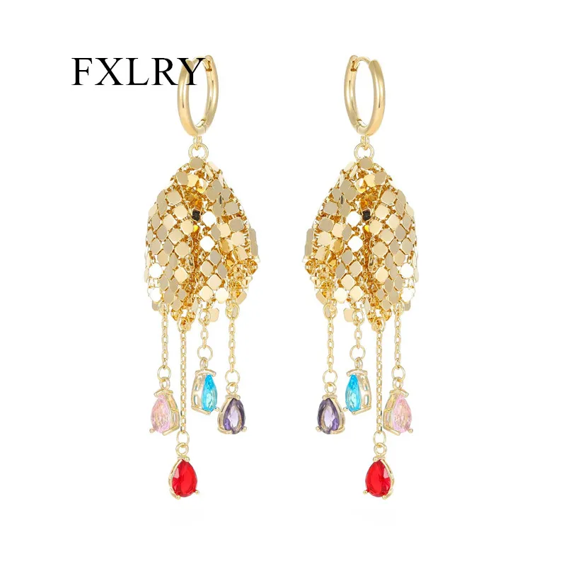

FXLRY Fashion Personality Color Zircon Creative Skirt Fringe Drop Earring For Women Wedding Jewelry