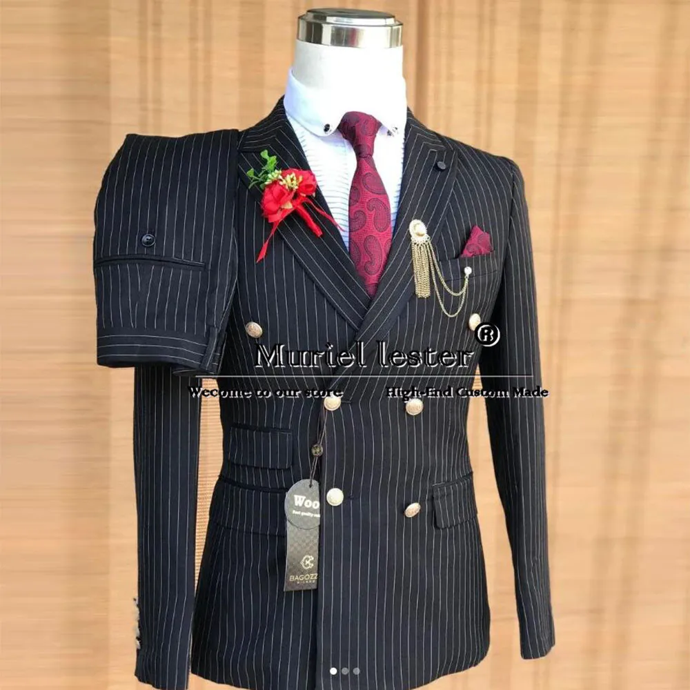 Vintage Business Suits Men Stripes Jacket Pants 2 Piece Set Double Breasted Prom Blazer Man Formal Party Groom Tuxedos Clothing