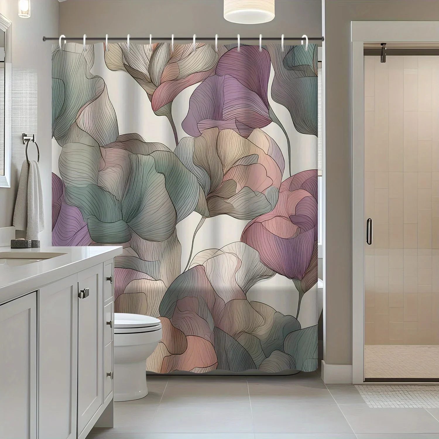 1pc Modern Abstract Geometric Line Art Flower Shower Curtain, Decorative Bathroom Partition Curtain, Includes Hanging HooksVVV