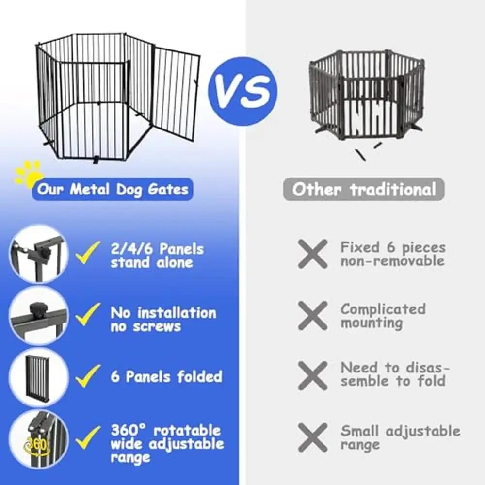 32''H 6 Panels Detachable Foldable Dog Fence Indoor Outdoor Puppy Gate 120''W Free Standing Metal Barrier Door 360° Rotatable