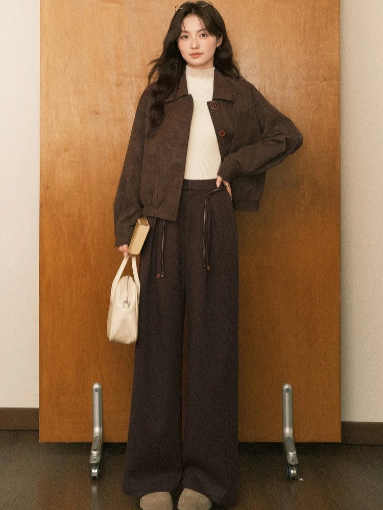 ALXNAN Damskie spodnie zimowe w stylu koreańskim, luźne, codzienne brązowe spodnie 2025, ciepłe, proste, eleganckie, damskie spodnie typu baggy L58710