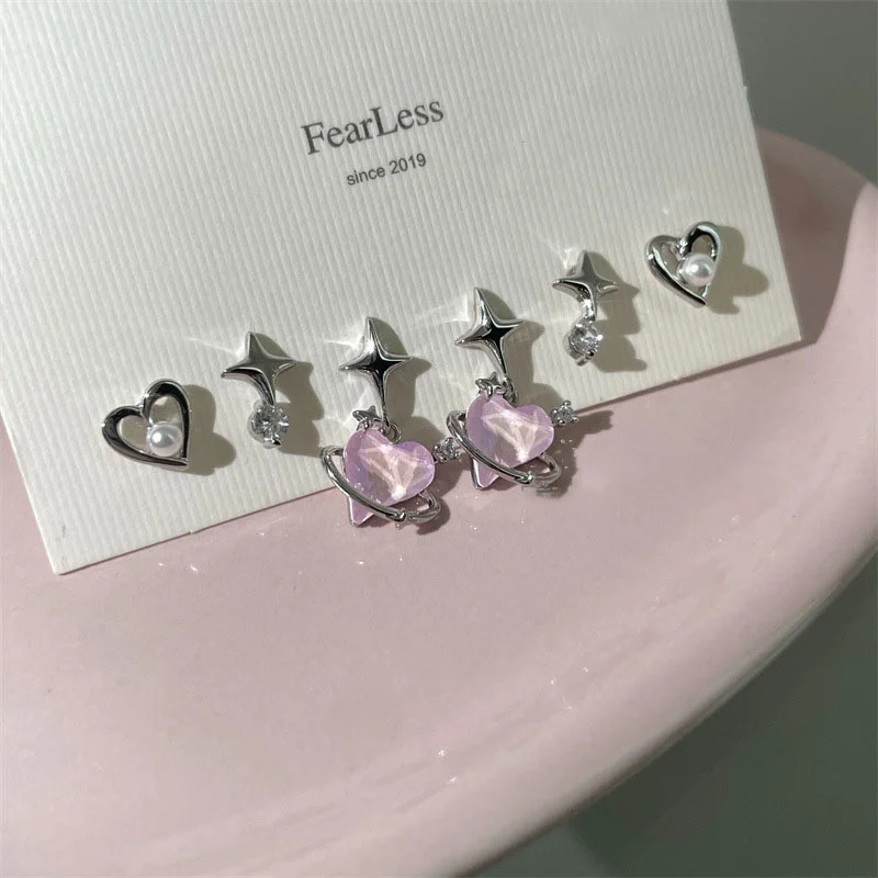 6pcs/set Women Silver Color Y2K Pink Crystal Heart Stud Earring Korean Trendy Punk Sweet Cool Bow Star Earring Aesthetic Jewelry