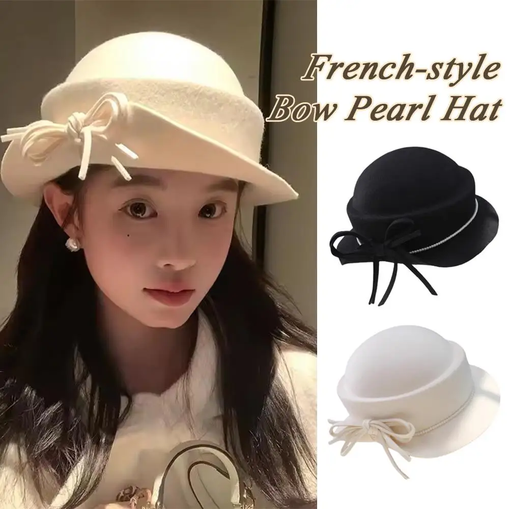 

Women's Hat Warm-keeping Bowler Hat French-style Turndown Wool Fedoras Cap Bow Pearl Simple Women Bonnet Fashion Winter Hats