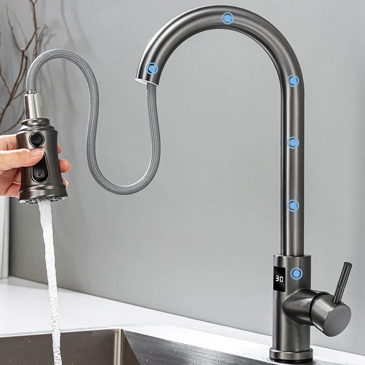 White Digital Touch on Kitchen Faucet with Pull Down Hot Cold Sensor Kitchen Sink Mixer Tap Smart Touch on Kitchen Mixer Faucets