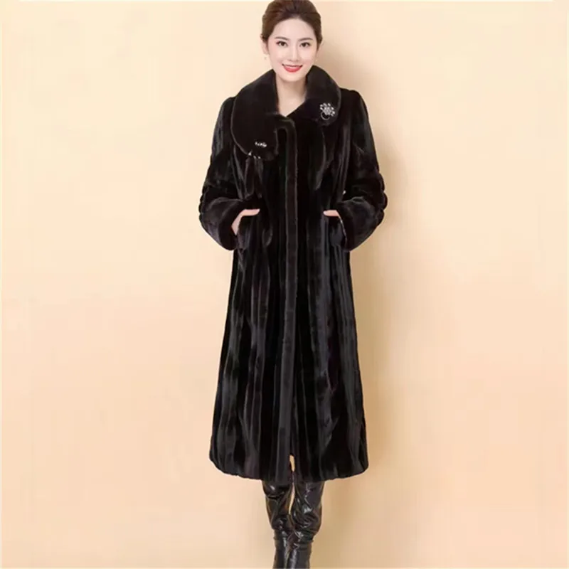 Faux Mink Fur Coat for Women, Adjustable Waist Long Jacket, Casual Outwear,High Quality,Covered Button , Autumn and Winter