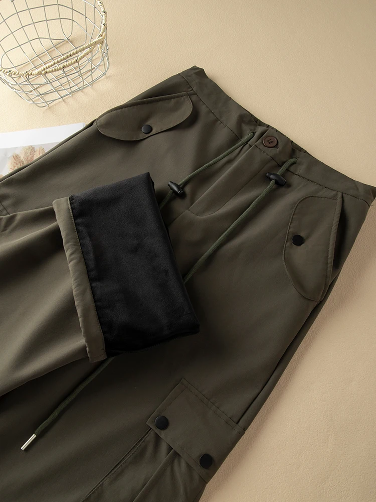 Conische werkbroek met fleecevoering voor dames, verdikte warme herfst- en wintercasual sportbroek met rechte pijpen.