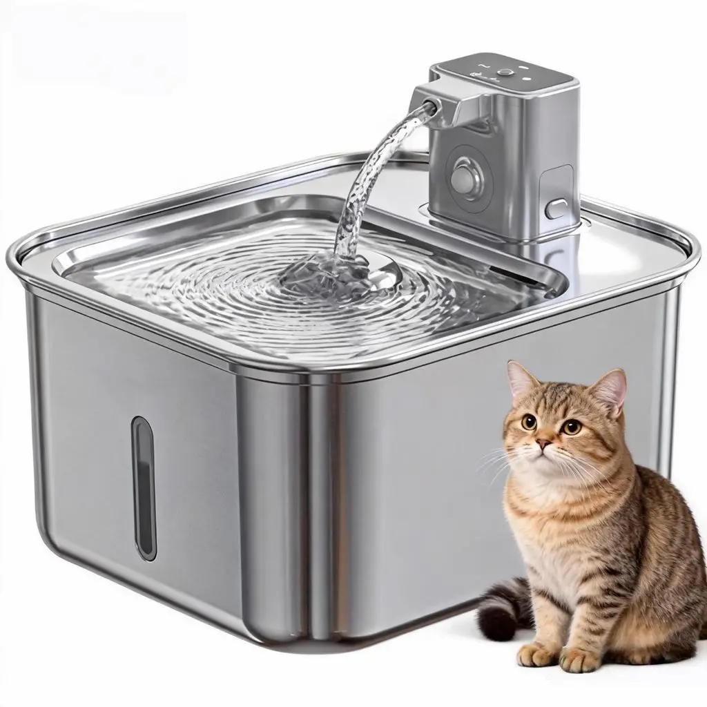 Fontana automatica per animali domestici in acciaio inossidabile, argento, 3 l, wireless, sensore, timer, ricaricabile tramite USB