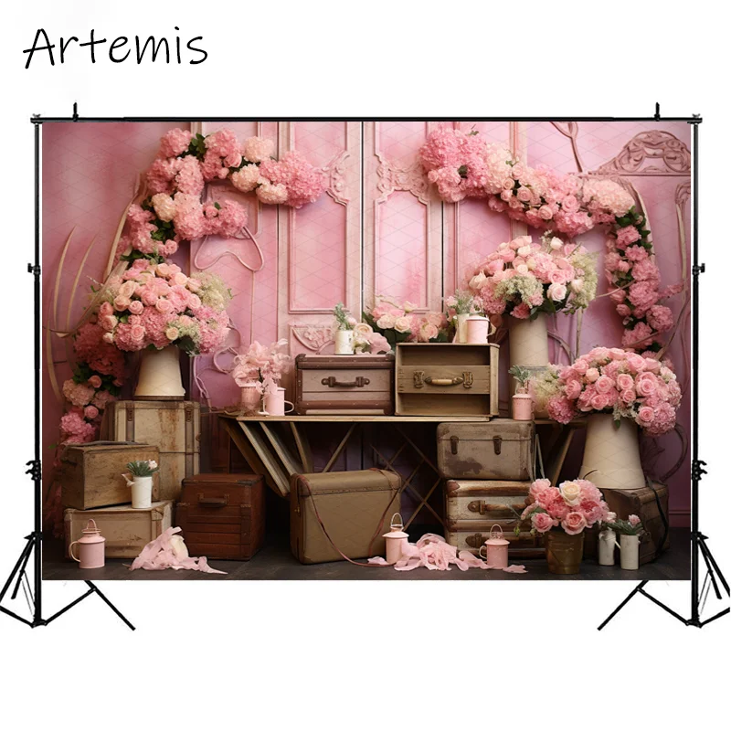 Valentine's Day Backdrop Roses Wooden Boxes Pastoral Nostalgia Light Pink Children's Birthday Portrait Background Photo Studio