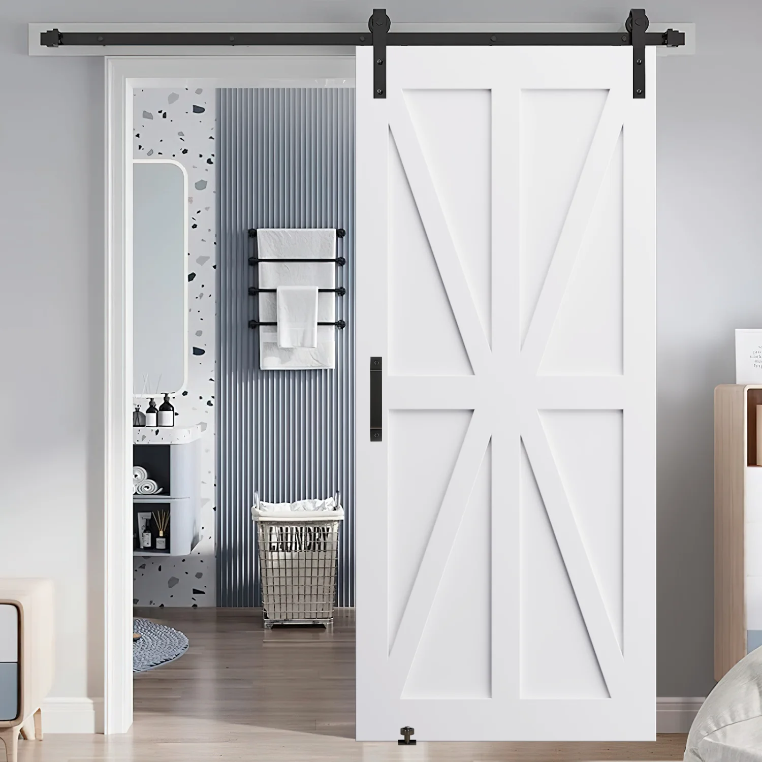 

CRAZY ELF 36" x 80" Star Style Real Primed Door Slab + 6.6FT Barn Door Sliding Hardware + Adjustable Floor Guider + Pull Handle,