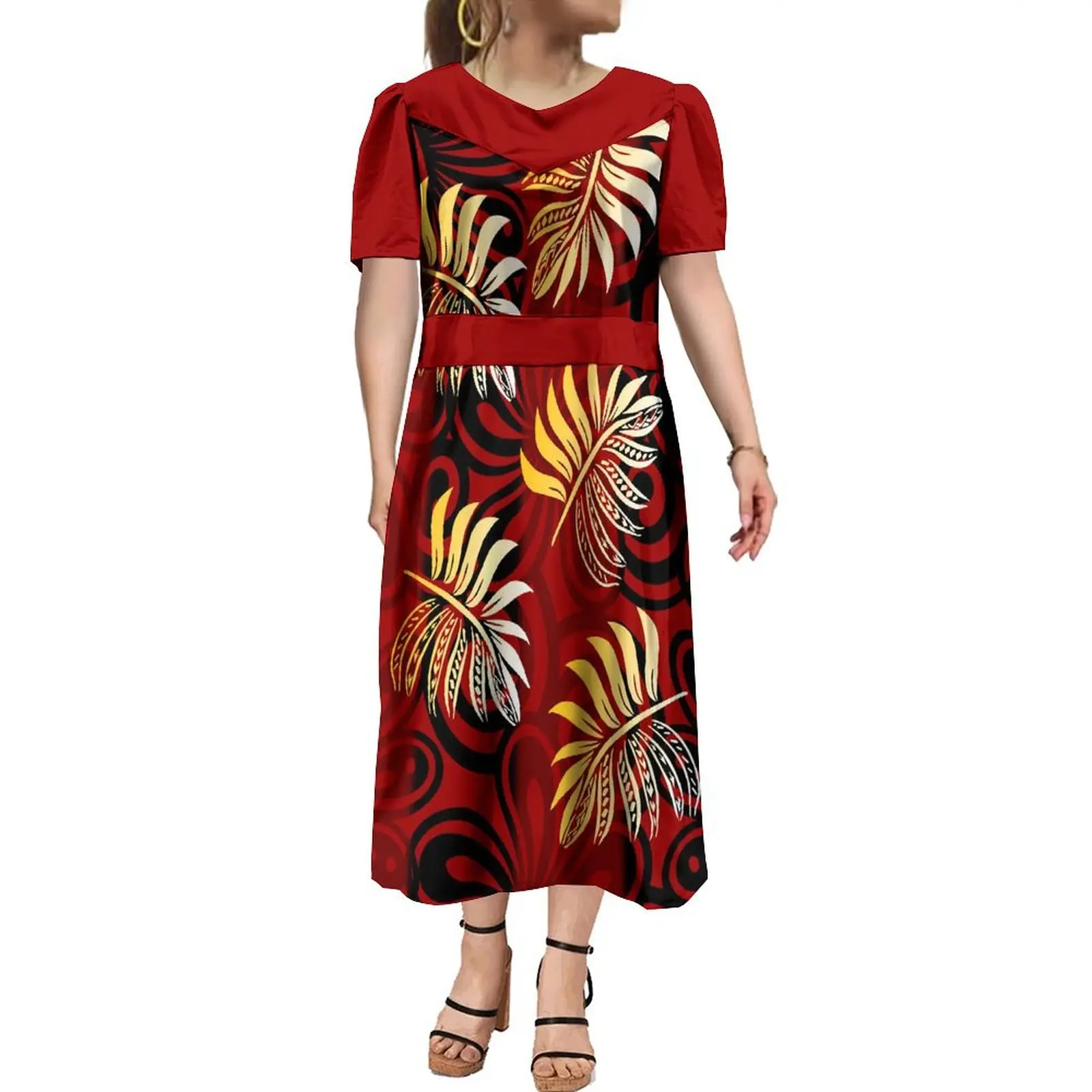 Polynesische benutzer definierte HD-Muster Frauen Kurzarm Kleid hoch taillierte flauschige lange Kleid Mode Strand Freizeit kleid