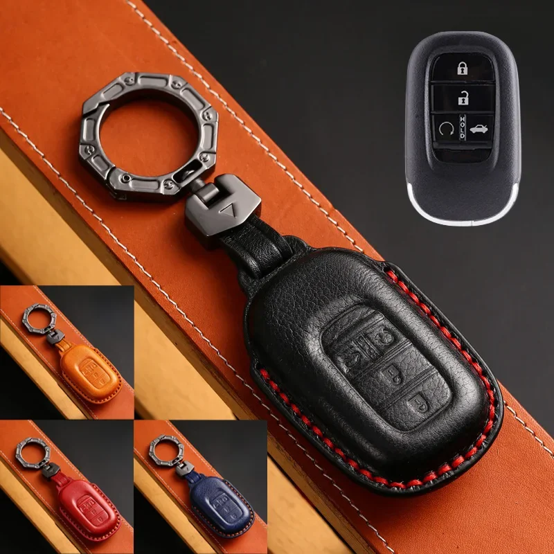 Genuine Leather Car Remote Smart Key Fob Case Cover Holder Bag With Keychain For Honda Civic Vezel Accord Sport SI EX EX-L