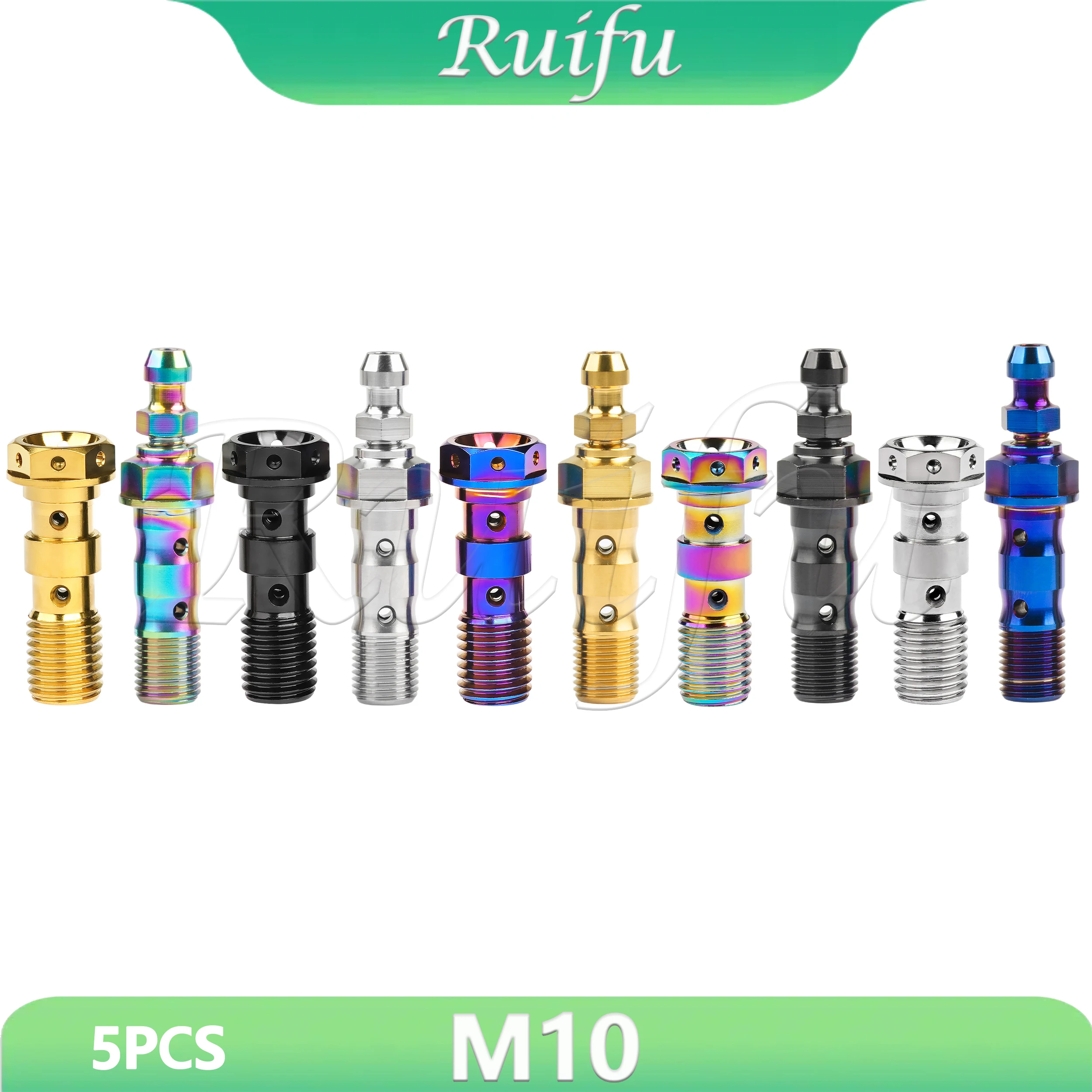 Ruifu Titanium Bolt  5PCS M10 Pitch1.0/1.25mm Flange Hex Head Oil Pipe Double Holes Screw for Motorcycle Brembo Brake Dual Line