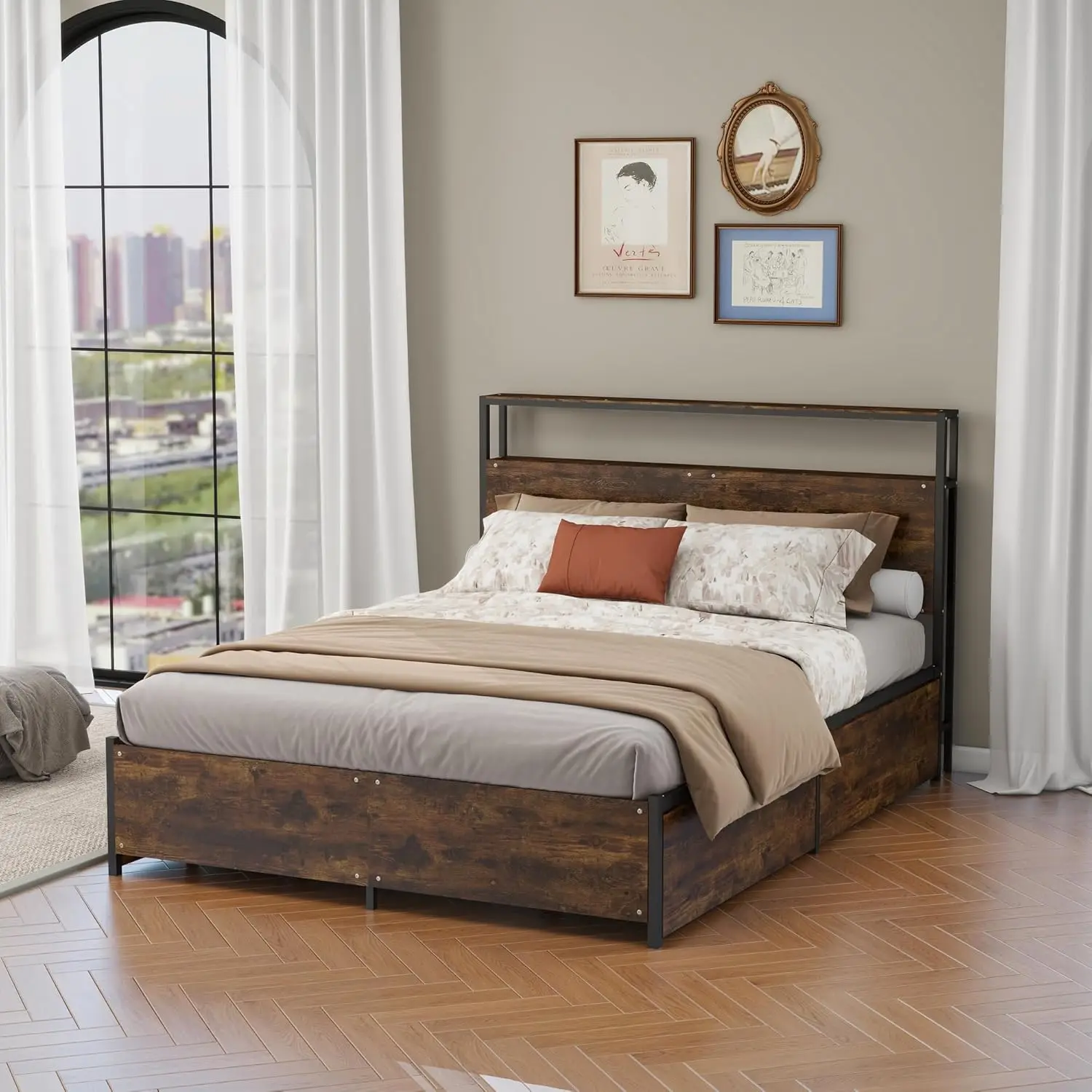 

Queen Bed Frame with 4 Storage Drawers Metal Wood Platform Sturdy Space Saving Easy Assembly Queen Size, Customized
