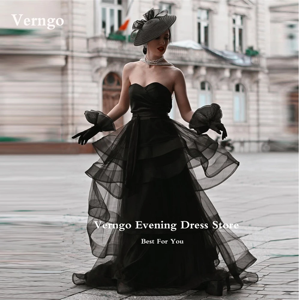 

Verngo Black Sweetheart Evening Dresses Retro Women Formal Party Dress With Detachable Overskirt Ruffles Tulle Evening Gowns