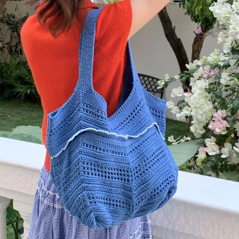 

Korean Style Hollow Out Knitted Weave Bag Braided Vacation Style Knitted Shoulder Bag Solid Color Handbag Beach Bag Outdoor