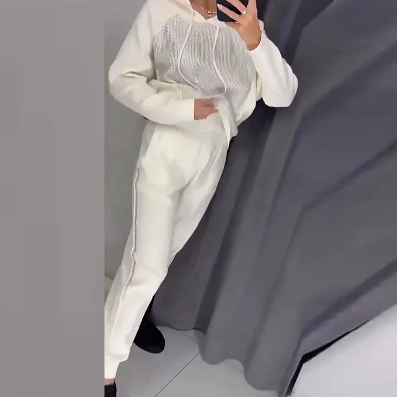 Vestidos Women\'s Fashion Diamonds Hooded Sweatshirt Sports Suit Autumn Winter O Neck Solid Color Loose Basic 2-piece set 2025