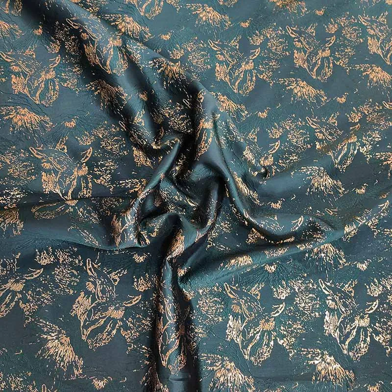 Dark Teal Gold Foil Textured Jacquard Fabric,For Outerwear Premium Statement Outfits, Sewing Supply For Custom Garment DIY Craft