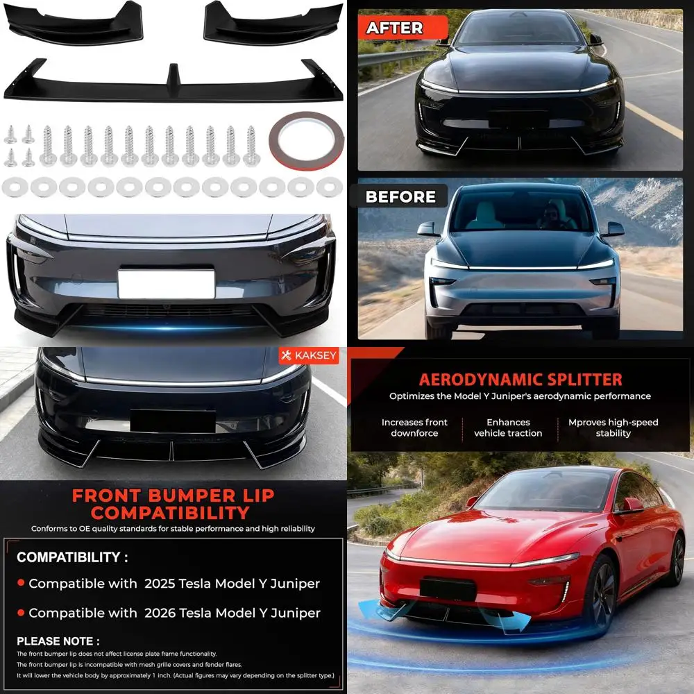 

Front Lip Compatible with 2025 2026 Tesla Model Y Juniper, V Style 3-Piece ABS Front Splitter, Aerodynamic Stability Sport Body