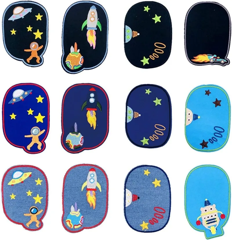 

12PCS Iron on Fabric Knee Patches for Kids, Sew on Appliques for Clothing Repair and Decoration Embroidered Space Rocket Patch