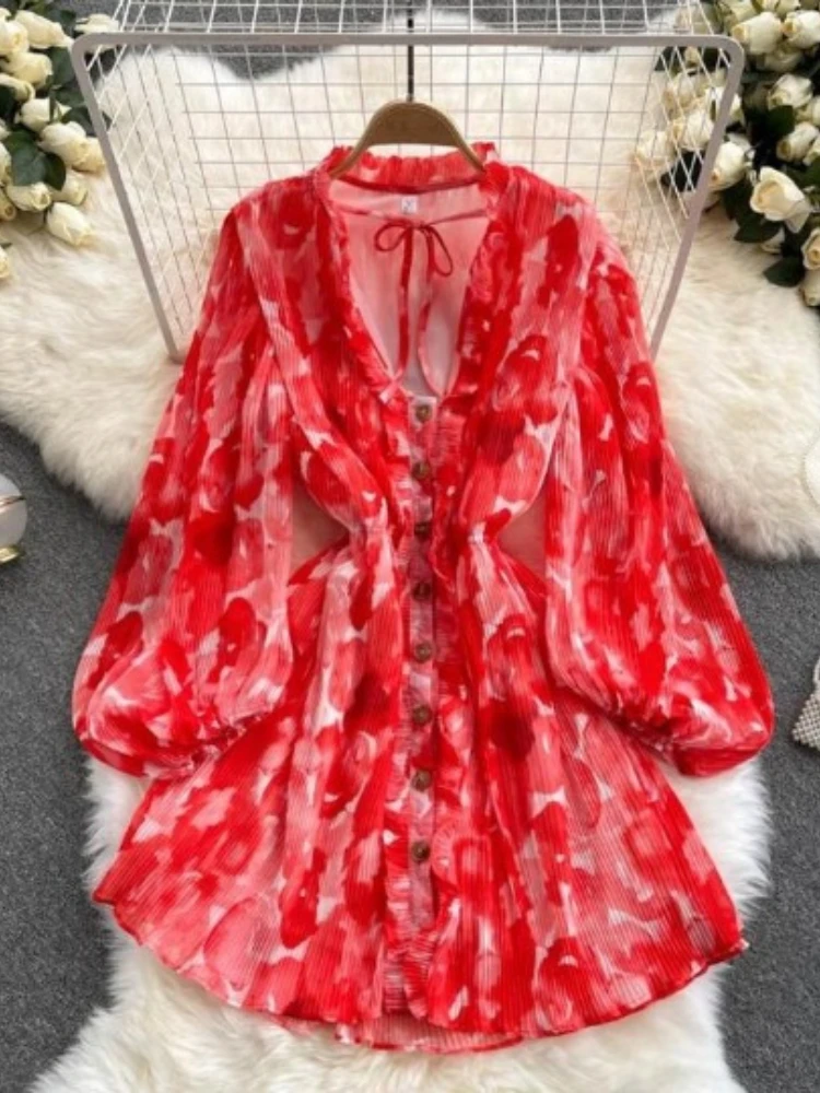 Beach Summer Vintage Printed Dress for Women New Bubble Sleeves Slim Wooden Ear Lace Up A Line Boho Short Dress