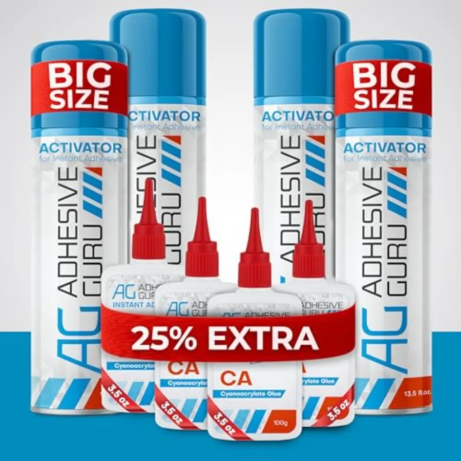 

Adhesive Guru CA Glue with Activator for Woodworking 4 x 3.5 oz - 4 x 13.5 fl oz Cyanoacrylate Glue for Metal, Plastic, Rubber,