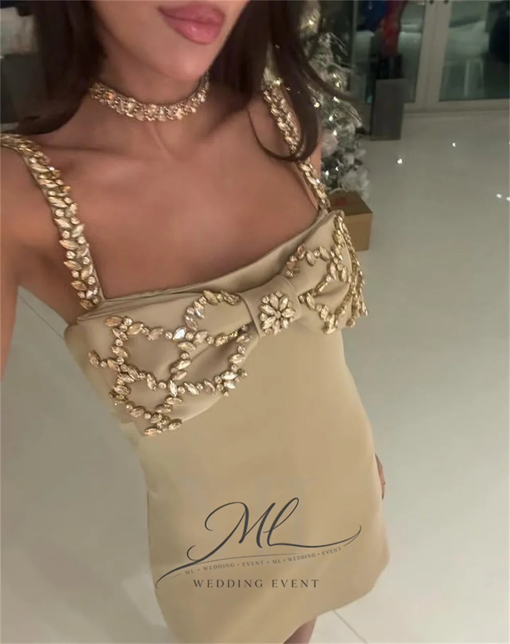 ML Chic Design Bow Short Dress with Overlay Spaghetti Party Dresses Beaded Holiday Party Dress Women Above Knee Length Customize