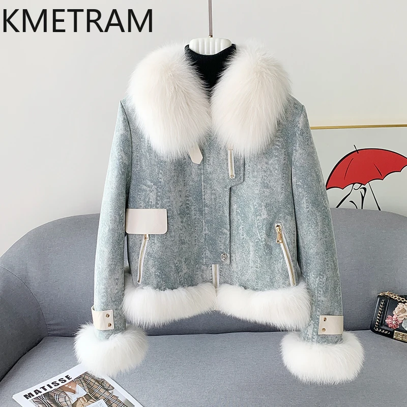 KMETRAM 100% フォックスファーカラー付き割引ファーコート（女性用）-日常着に最適-耐久性があり、スリム効果あり-2025年冬 шуба женская