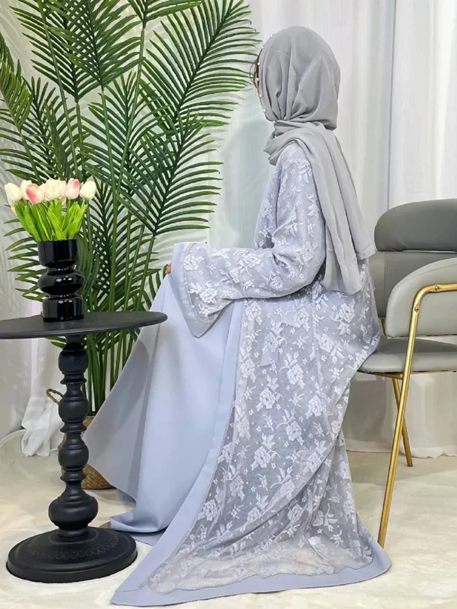 Dubai Women Eid Muslim Lace Abaya Inner Dress Set 2 Piece Kaftan Islam Arab Long Robe Vestidos Morocco Flowers Abayas Long Robe