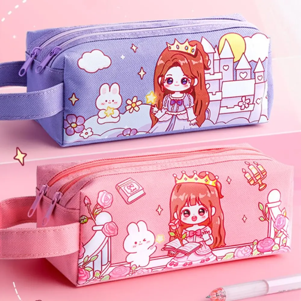 Cartoon Handheld Pen Bag Large Capacity Portable Stationery Bag Double Layers Pencil Case Gift