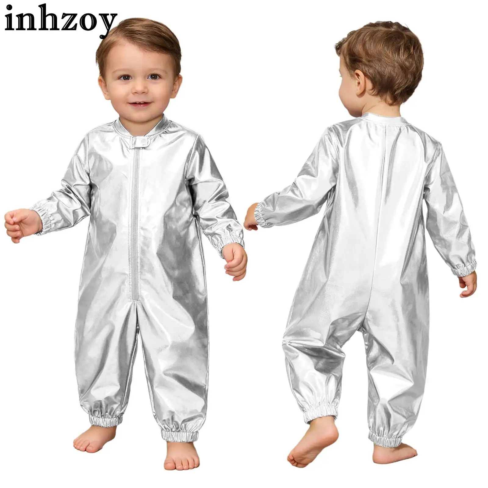 Pelele metálico brillante para niño y niña, mono informal de moda con cremallera de manga larga, fotografía de cumpleaños, disfraz de Fiesta Temática de discoteca