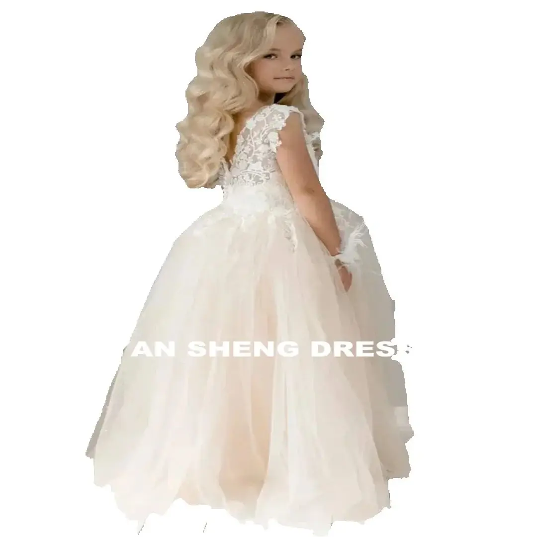 تخصيص البوهيمي تول العاج الأبيض مقوس دانتيل بنات أول زهرة فتاة فستان بالتواصل ثوب صغار فستان وصيفة الشرف