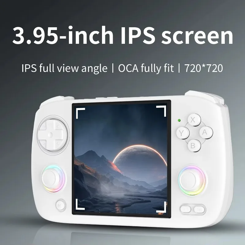 

New RG Cube Android 13 Handheld Console with TV Connection, Controller, Streaming Joystick, and Ambient Light.