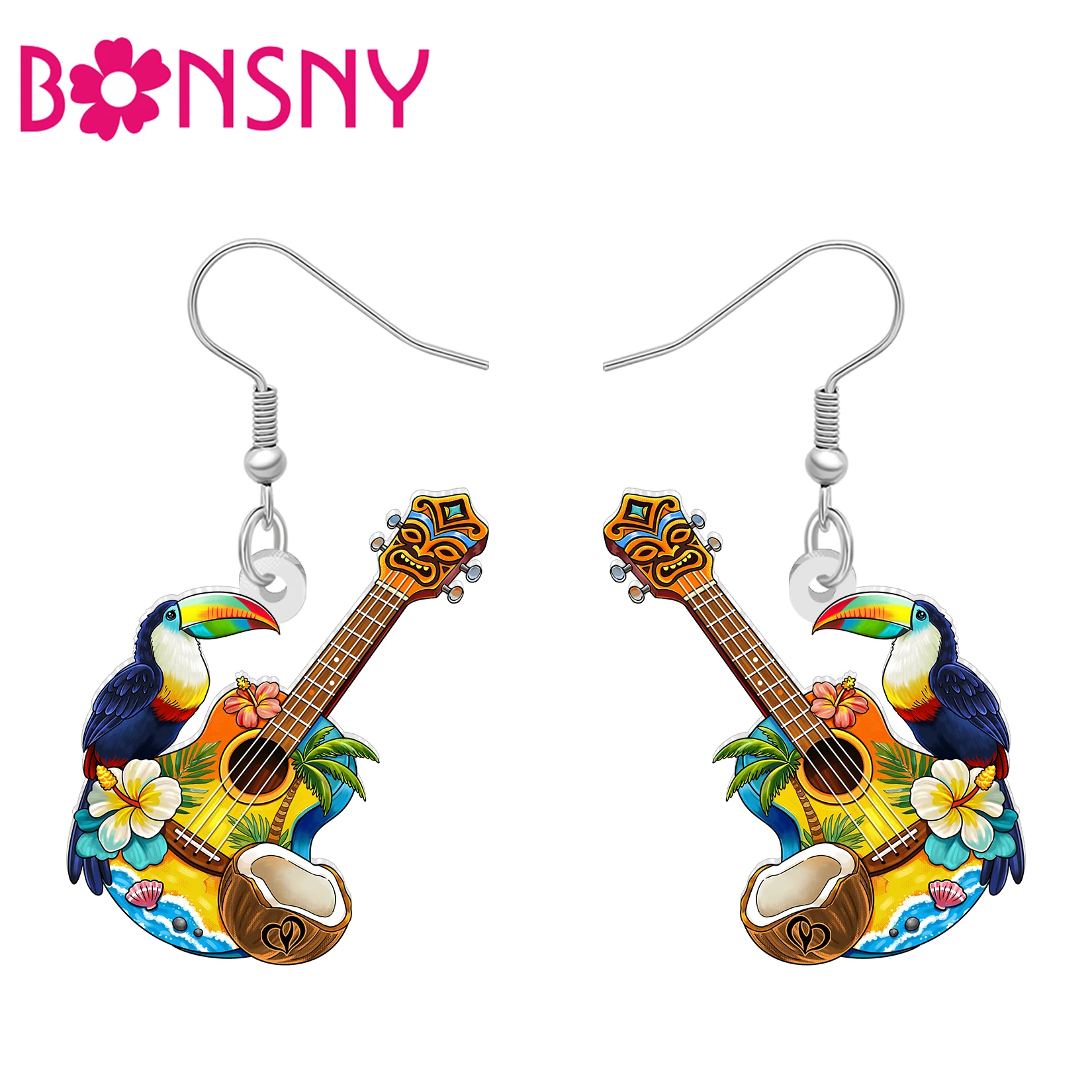 BONSNY Acrylic Ukulele Toucan Dangle Earrings Tropical Music Birds Hawaii Summer Beach Jewelry Gifts for Women Luau Party Charms