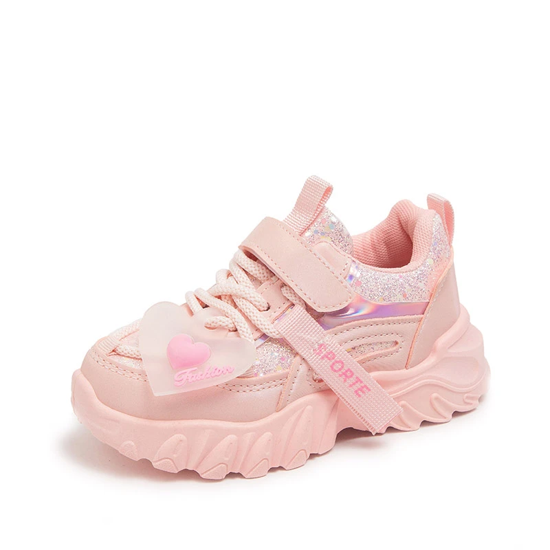 Girls Sports Shoes Kids Running Sneakers for School Fashion Cute Shiny Non-slip Children's Casual Shoes with Heart Spring Autumn