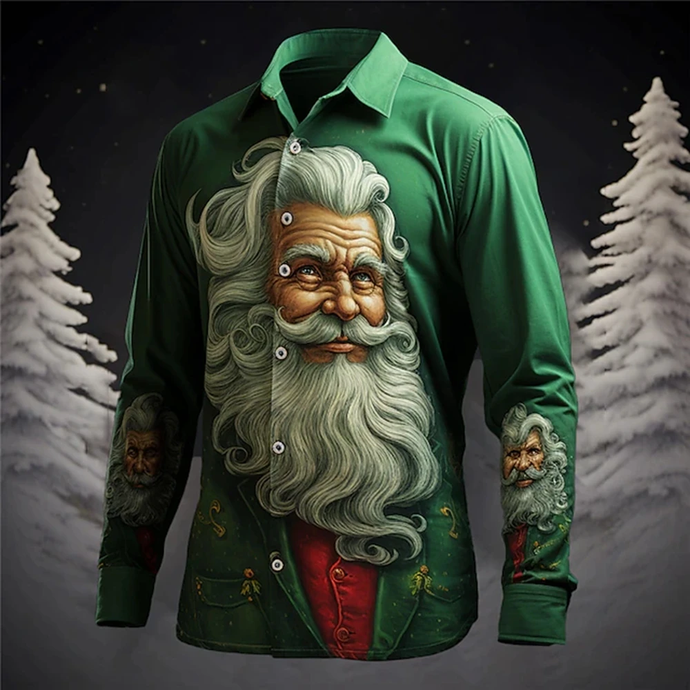 Santa Claus Printing Casual Men\'s Shirt Fashion Outdoor Street Winter Turndown Long Sleeve Red Christmas Elastic Force Shirt