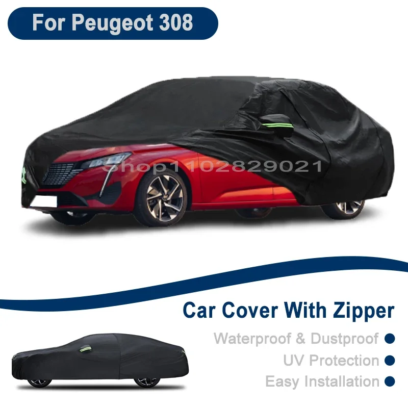 

Outdoor Full Vehicle Cover For Peugeot 308 - Side Zipper Design, Waterproof Dustproof Sun Protection Car Cover