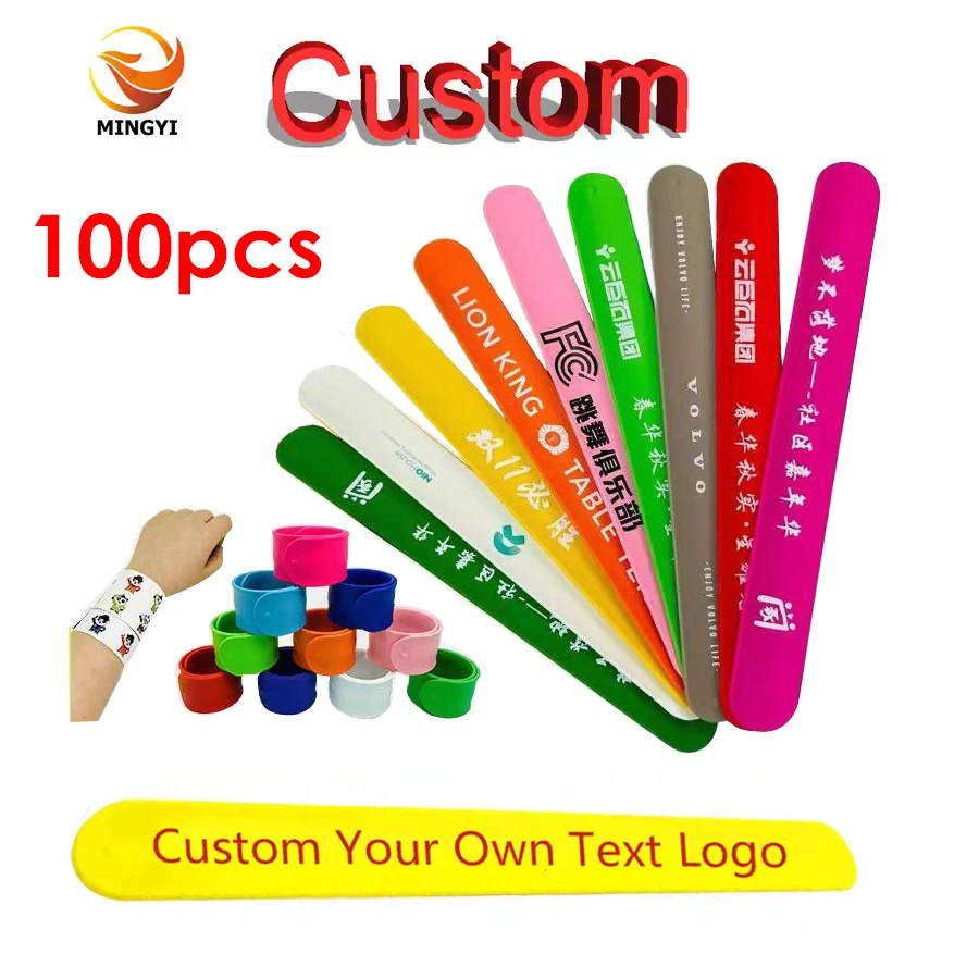 

100PCS Custom Logo Text Silicone Slap Bracelet Rubber Snap Band Wristband Recycled DIY Slap Bracelets for Promotion