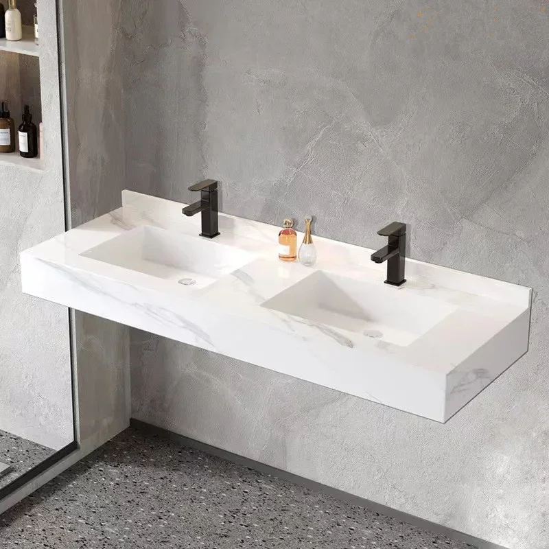 

Integrated Rock Plate Floating Double Basin Porcelain Wall Hung Vanity Sink Bathroom Cabinet Basin