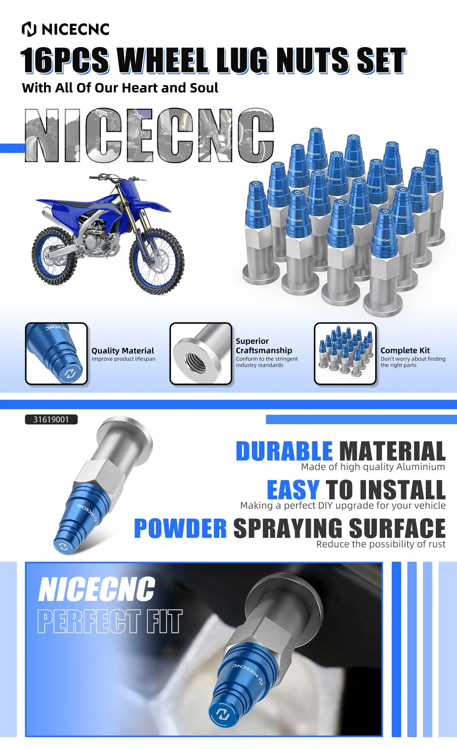 NICECNC Für Yamaha Raptor YFM 700 700R 2006-2026 10X1.25mm Spiked Wheel Lug Bulge Acorn Nuts Poliertes Aluminium ATV Zubehör – Detail 1