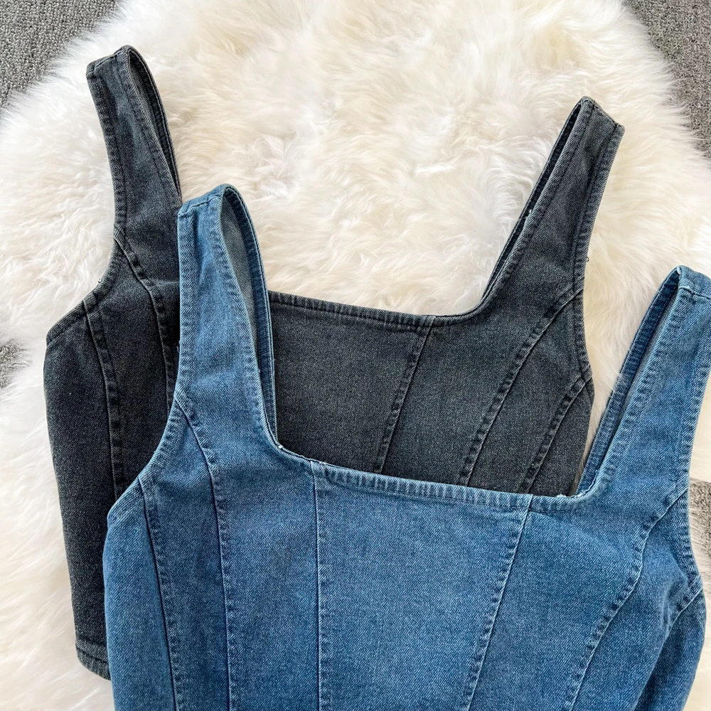 Women Denim Tank Tops Retro Sexy Square Collar Sleeveless Solid Crop Vest Summer Female Zipper Streetwear Short Top