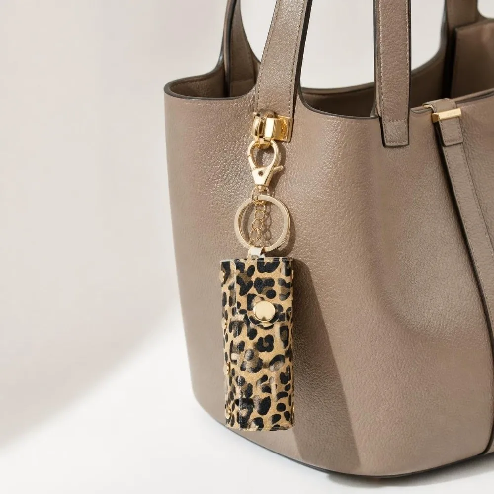 Trendy Leopard Print Leather Keychain Portable Lipstick Bag Keyring Pendant Key Ring Chain Bag Charm