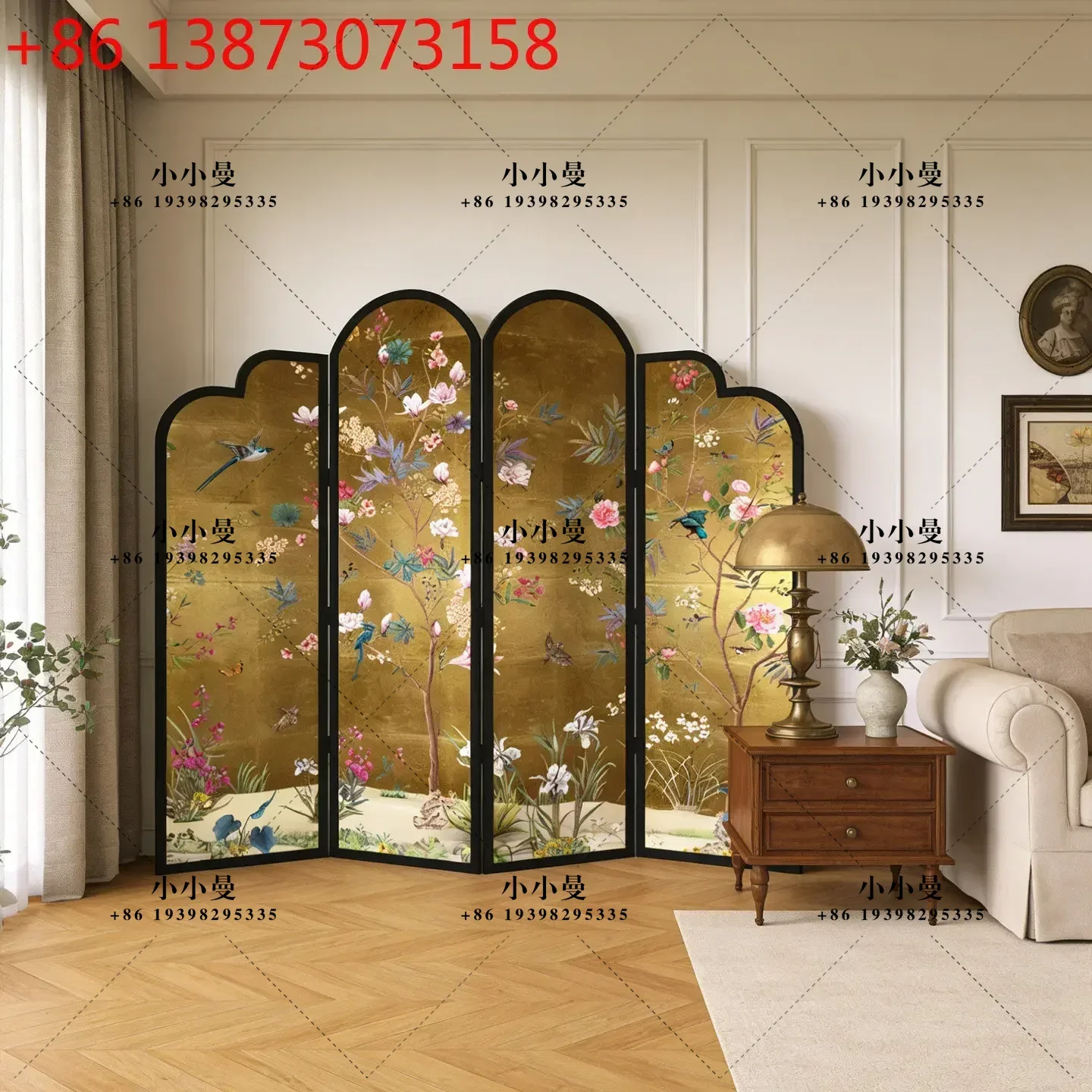 French medieval screen partition living room solid wood tea room hotel homestay mobile folding screen background wall