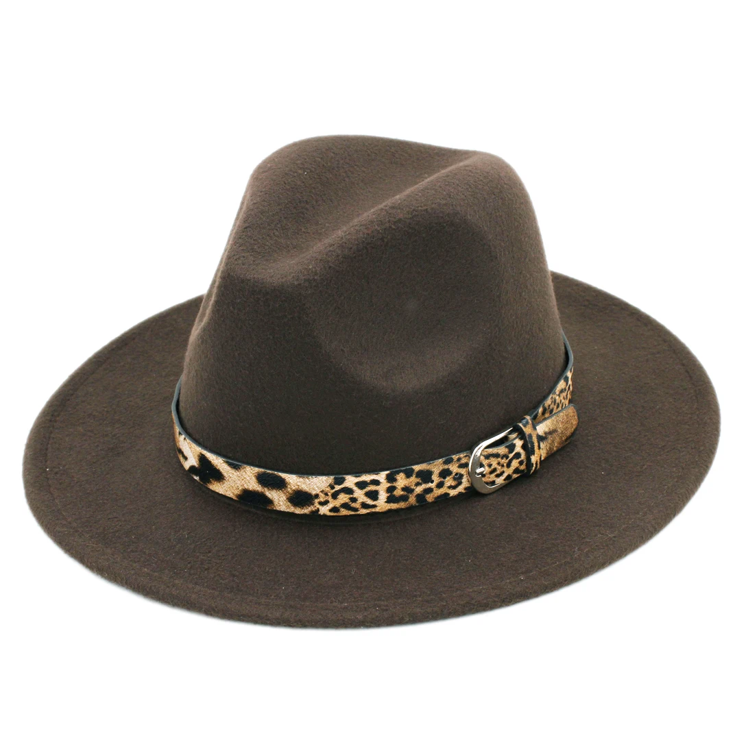 

Women's Felt Fedora Hats Panama Hat Jazz Church Cap Wide Brim with Sexy Leopard Leather Belt